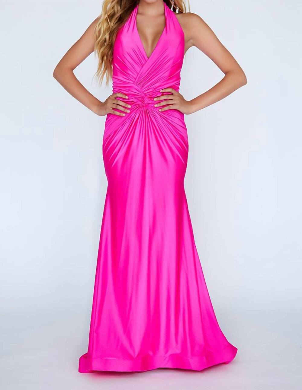 NEW JOLENE halter ruched prom dress in neon pink